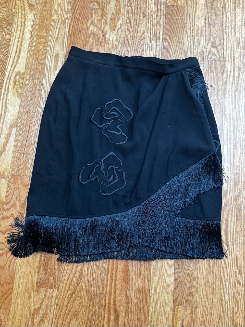 Halston Heritage Black Fringe Wrap Mini Skirt with Floral Appliqué - Picture 2 of 4